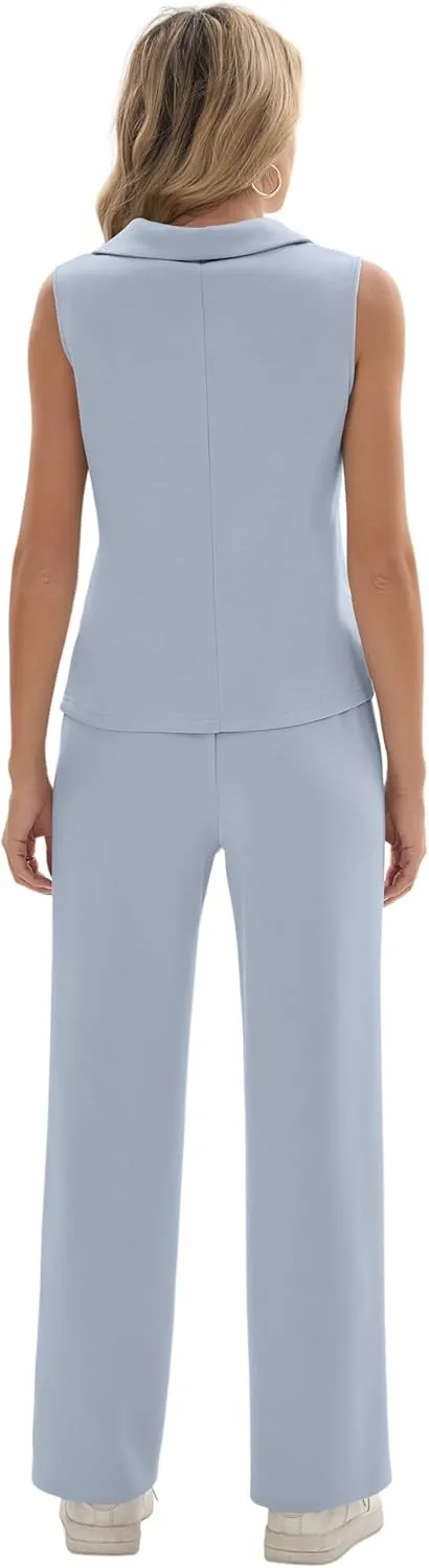 FUNYYZO Women's 2 Piece Outfits Lounge Sets Casual Sleeveless Summer V-Neck Dressy Collared Tracksuit Lounge