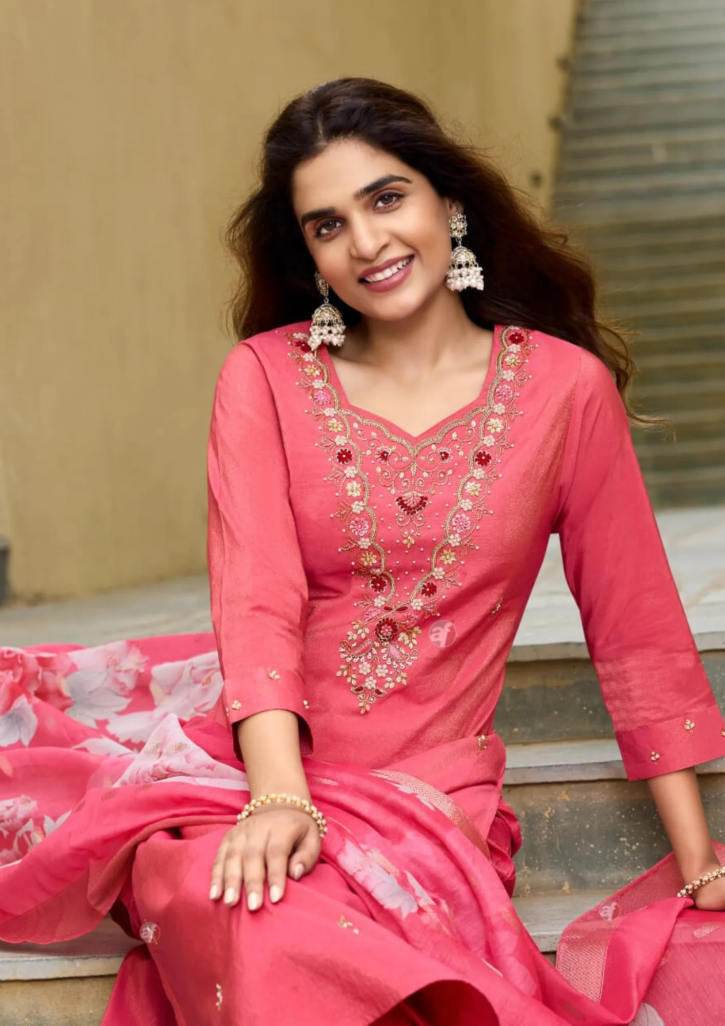 Gorgeous Pink Color  Hand Work Salwar Suits With Dupatta Set For Women