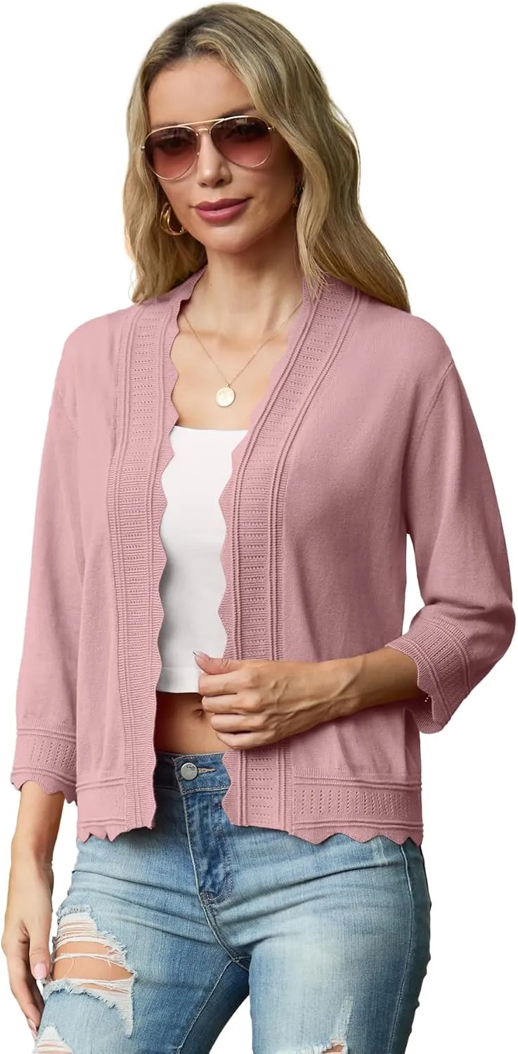 GRECERELLE Women's 2025 3/4 Sleeve Light Weight Summer Knit Loose Casual Cropped Cardigan Shrugs Sweater