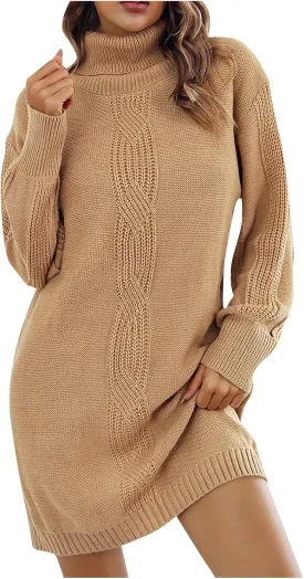 HGps8w Women's Pullover Turtleneck Sweater Dress, Loose Lantern Long Sleeve Cable Knit Casual Cozy Midi Dresses