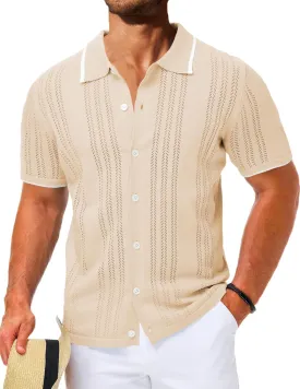 LETSEE Mens Short Sleeve Button Down Shirts Knit Polo Shirt Summer Beach Tops Resort Wear 2025