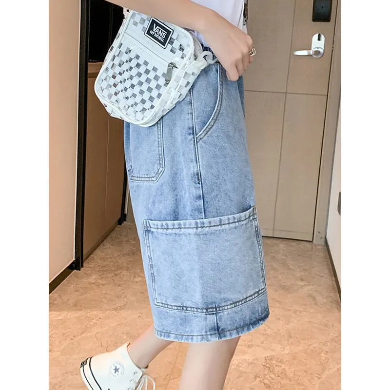 Loose-Fit Straight Workwear Wide-Leg Slimming Simplicity Denim Shorts
