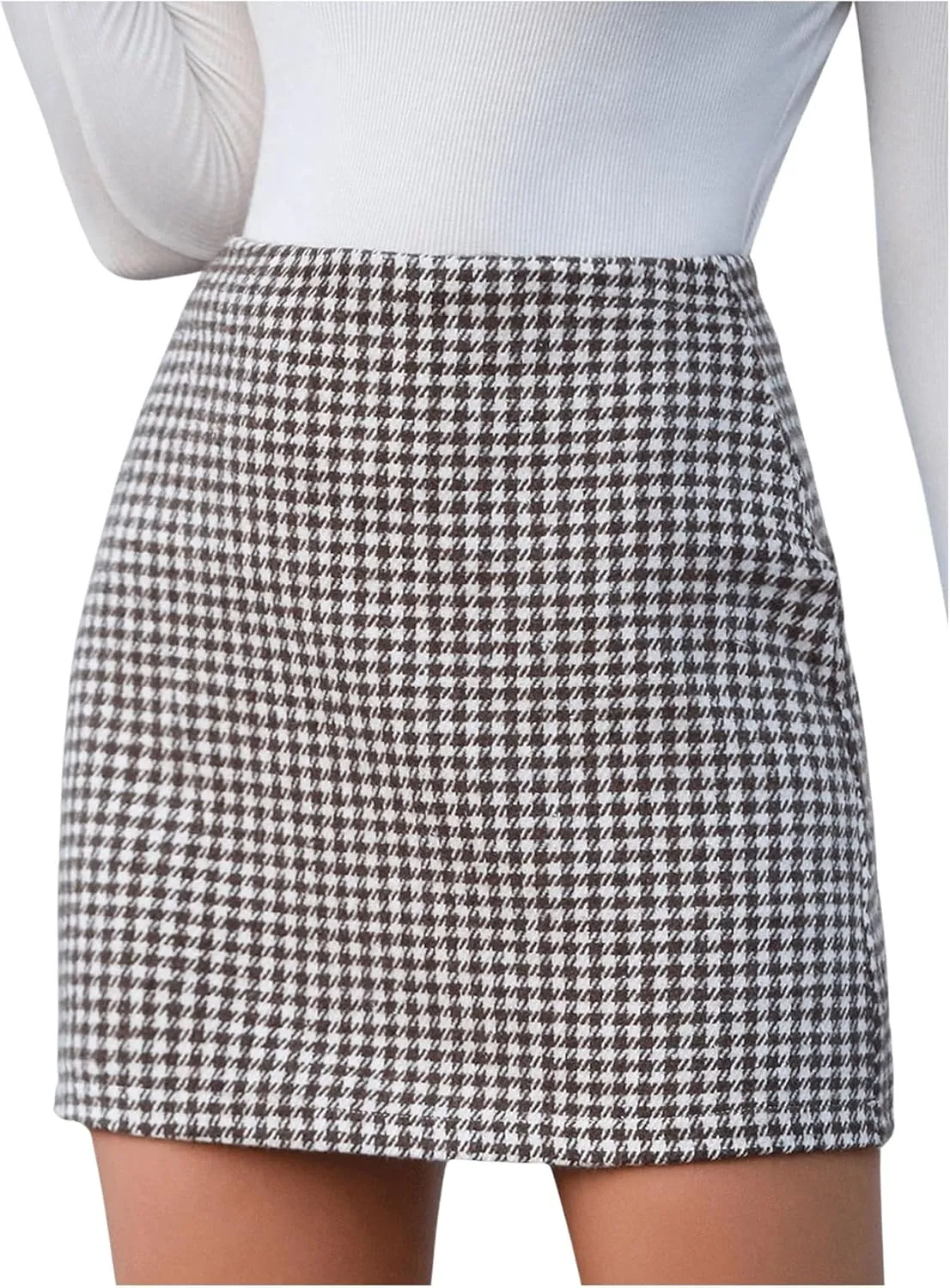 MakeMeChic Women's Houndstooth Mini Skirt High Waist Zipper Elegant Bodycon Short Skirts