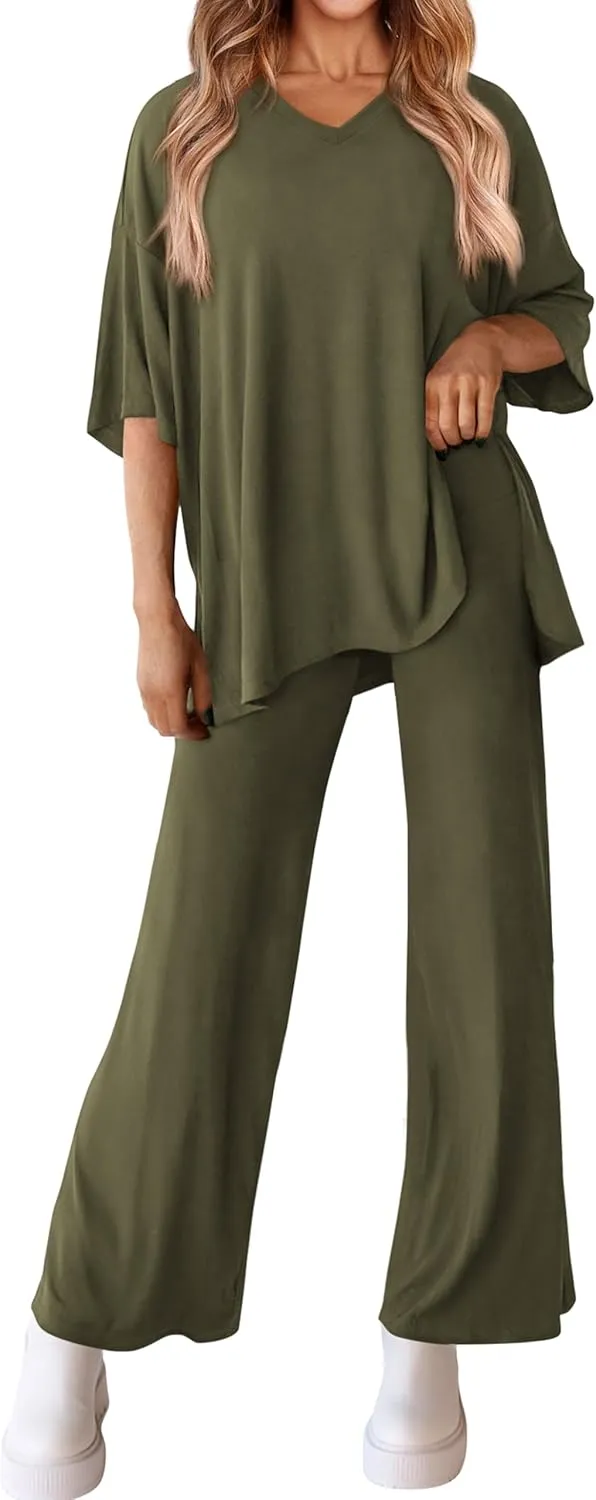 MASCOMODA Womens Summer 2 Piece Outfits Short Sleeve V Neck Tops Wide Leg Long Pants Casual Tracksuit Lounge Set