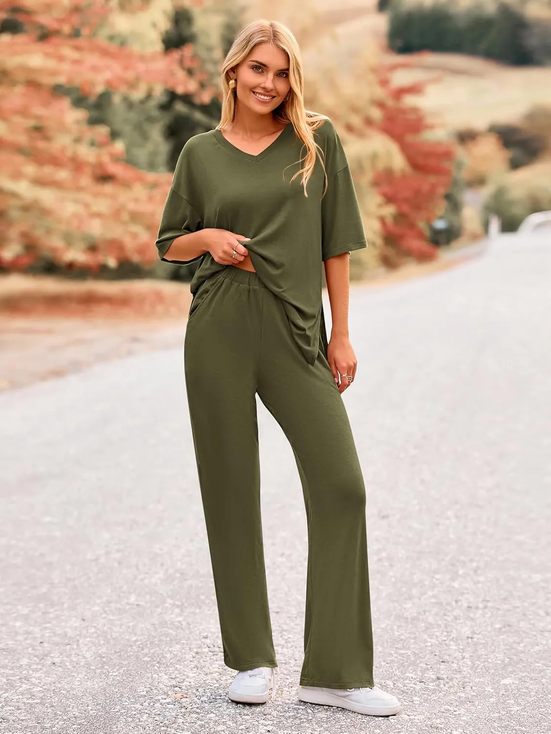 MASCOMODA Womens Summer 2 Piece Outfits Short Sleeve V Neck Tops Wide Leg Long Pants Casual Tracksuit Lounge Set