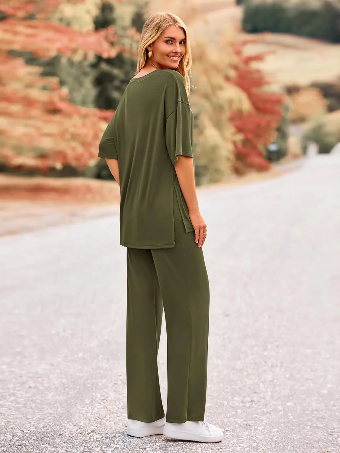 MASCOMODA Womens Summer 2 Piece Outfits Short Sleeve V Neck Tops Wide Leg Long Pants Casual Tracksuit Lounge Set