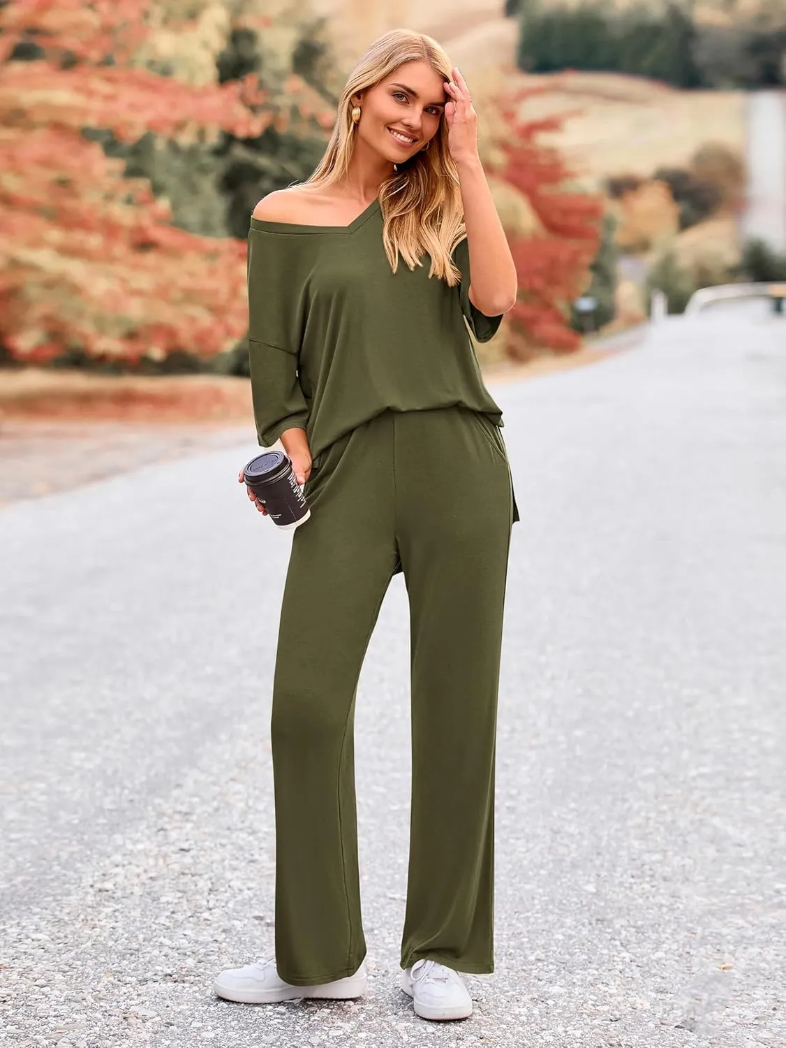 MASCOMODA Womens Summer 2 Piece Outfits Short Sleeve V Neck Tops Wide Leg Long Pants Casual Tracksuit Lounge Set