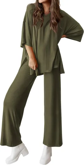 MASCOMODA Womens Summer 2 Piece Outfits Short Sleeve V Neck Tops Wide Leg Long Pants Casual Tracksuit Lounge Set