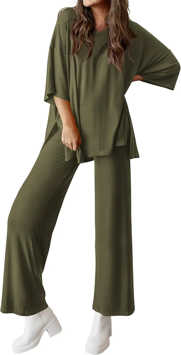 MASCOMODA Womens Summer 2 Piece Outfits Short Sleeve V Neck Tops Wide Leg Long Pants Casual Tracksuit Lounge Set