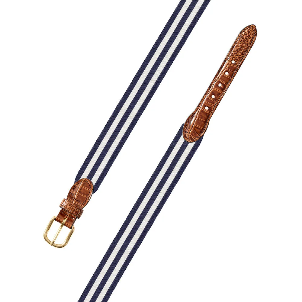 Navy & White Grosgrain Ribbon Leather Tab Belt