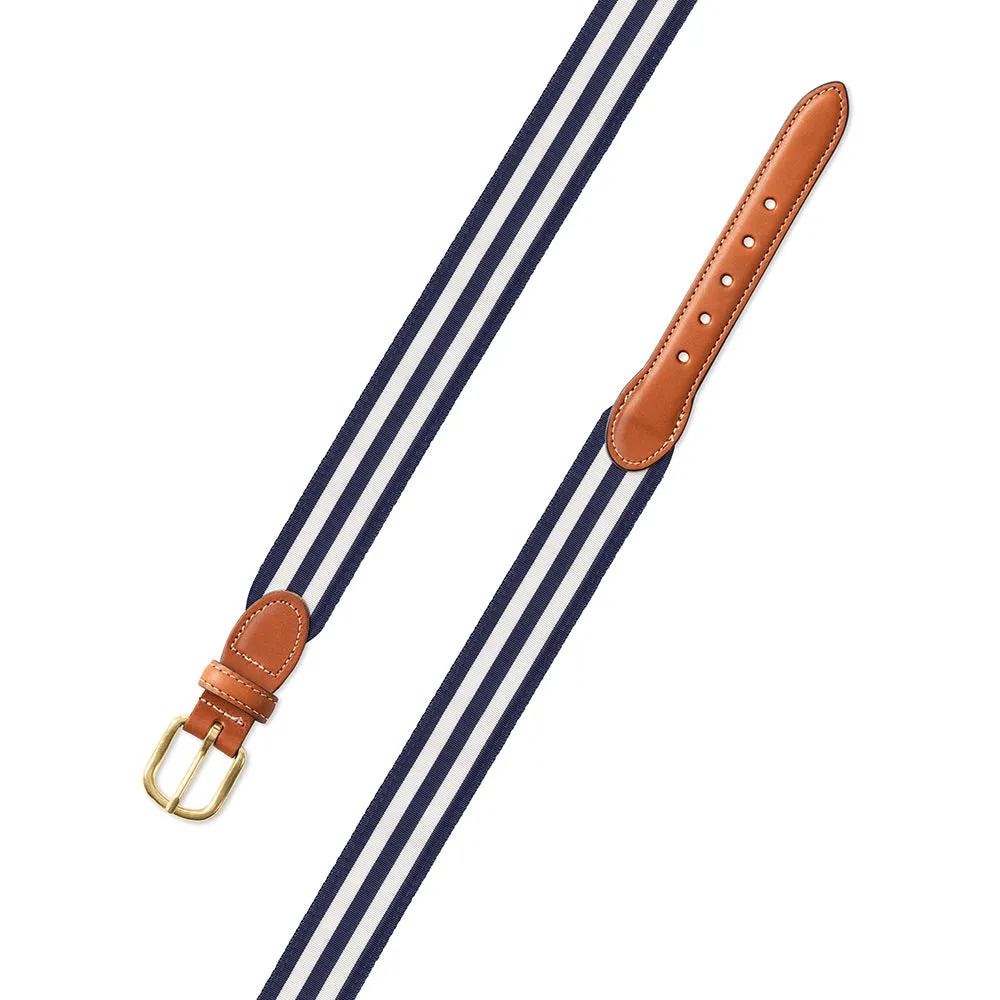 Navy & White Grosgrain Ribbon Leather Tab Belt