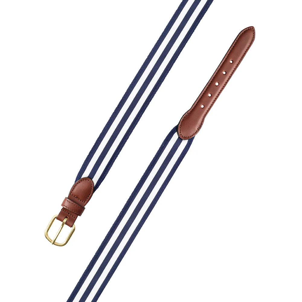 Navy & White Grosgrain Ribbon Leather Tab Belt