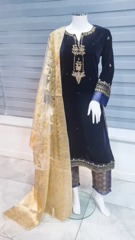 Navy Blue Embroidered Velvet 3-Piece Suit
