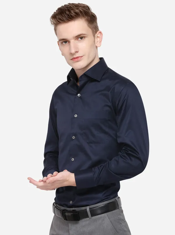 Navy Blue Solid Slim Fit Formal Shirt | JadeBlue