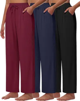 Neer 3 Pack Women's Lounge Pants with Pockets, Rib Knit Yoga Cozy Pants High Waisted Drawstring Sweatpant Wide Leg Jogger