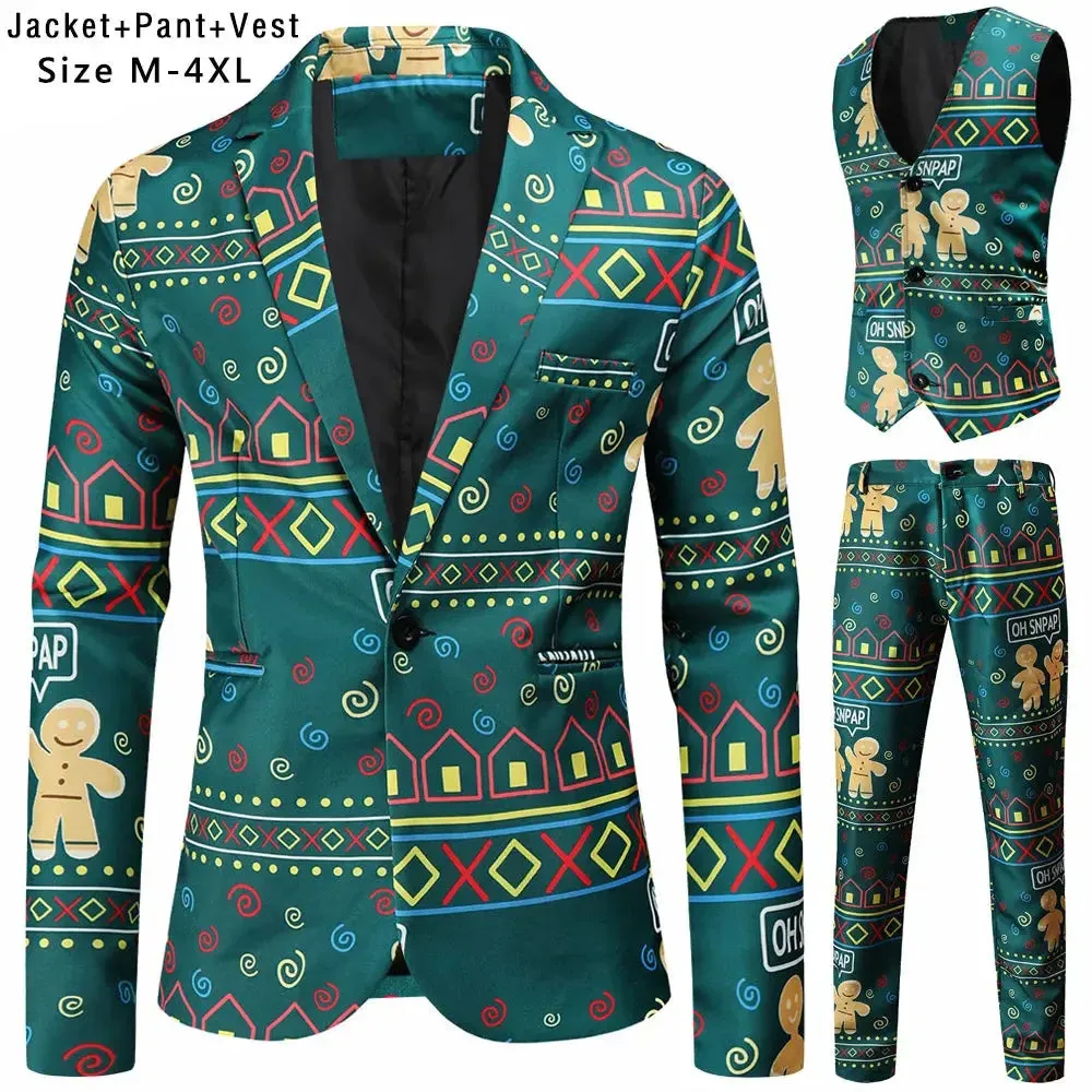 New Mens Christmas Suits Three-Piece Cute Cartoon 3D Printed Casual Suit Jacket  Pants Vest 3Pcs Xmas Party Dress 12 Color