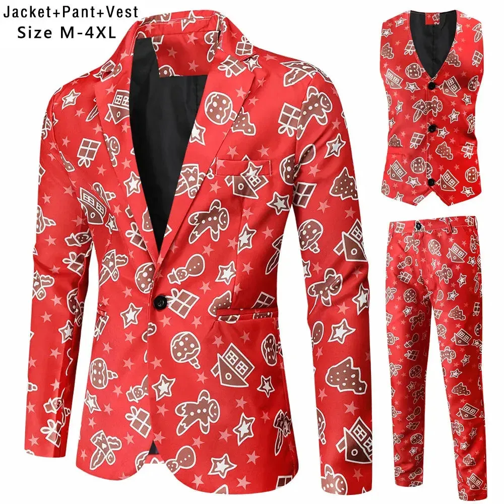 New Mens Christmas Suits Three-Piece Cute Cartoon 3D Printed Casual Suit Jacket  Pants Vest 3Pcs Xmas Party Dress 12 Color