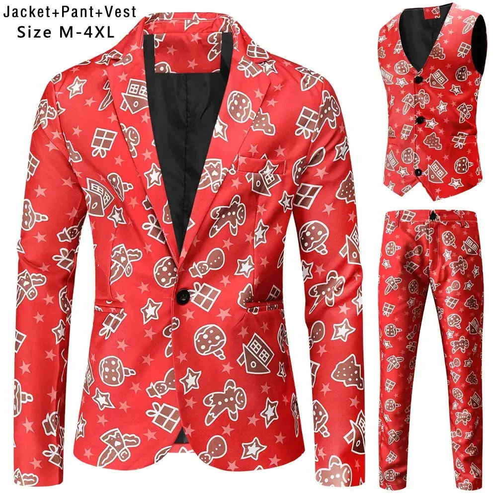 New Mens Christmas Suits Three-Piece Cute Cartoon 3D Printed Casual Suit Jacket  Pants Vest 3Pcs Xmas Party Dress 12 Color