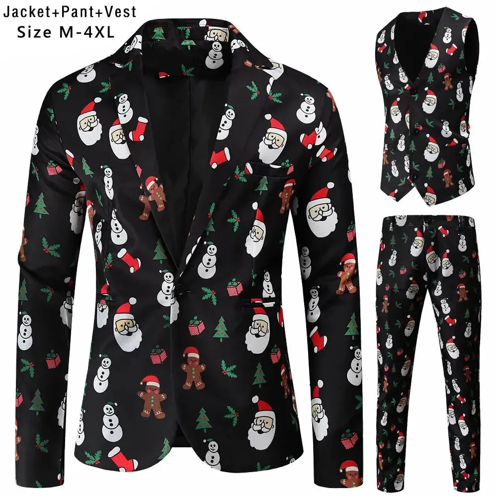 New Mens Christmas Suits Three-Piece Cute Cartoon 3D Printed Casual Suit Jacket  Pants Vest 3Pcs Xmas Party Dress 12 Color