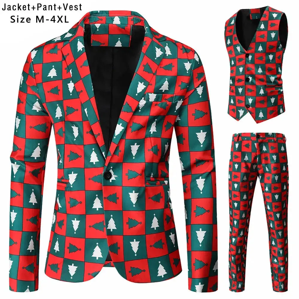 New Mens Christmas Suits Three-Piece Cute Cartoon 3D Printed Casual Suit Jacket  Pants Vest 3Pcs Xmas Party Dress 12 Color