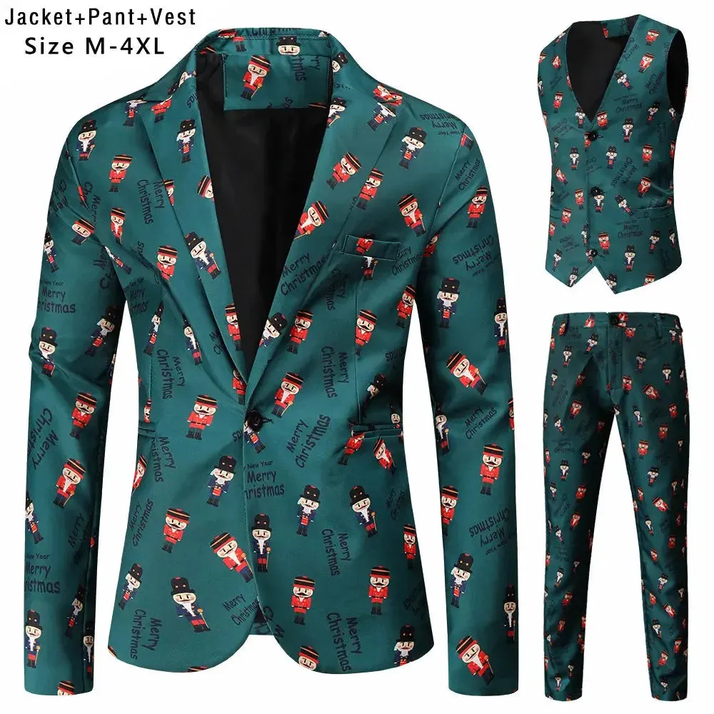 New Mens Christmas Suits Three-Piece Cute Cartoon 3D Printed Casual Suit Jacket  Pants Vest 3Pcs Xmas Party Dress 12 Color