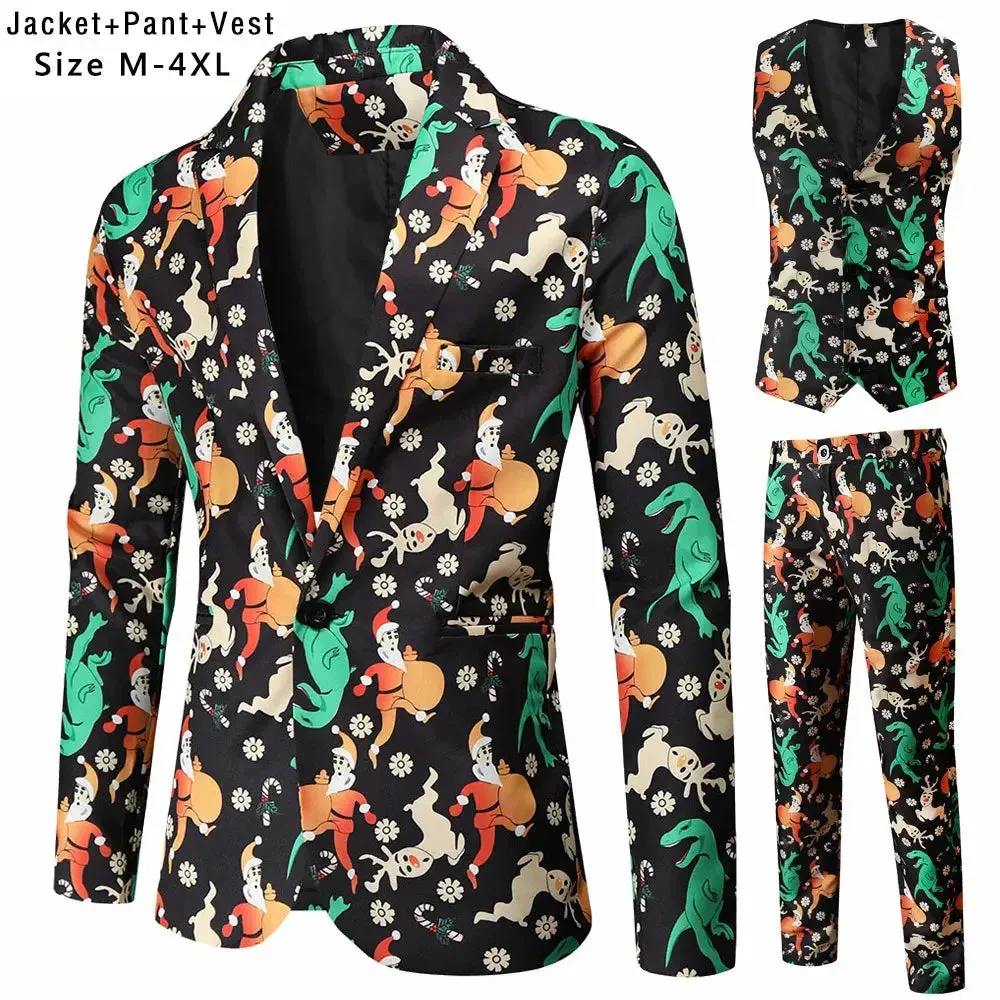 New Mens Christmas Suits Three-Piece Cute Cartoon 3D Printed Casual Suit Jacket  Pants Vest 3Pcs Xmas Party Dress 12 Color