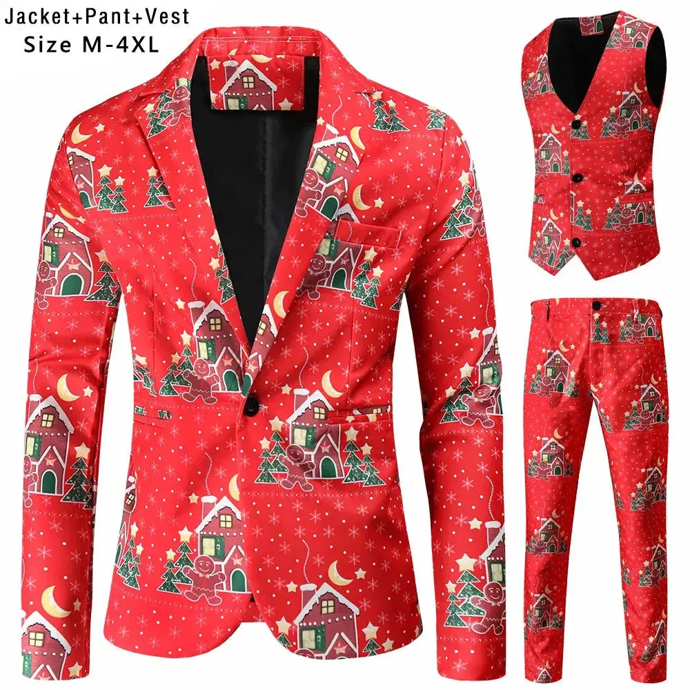 New Mens Christmas Suits Three-Piece Cute Cartoon 3D Printed Casual Suit Jacket  Pants Vest 3Pcs Xmas Party Dress 12 Color