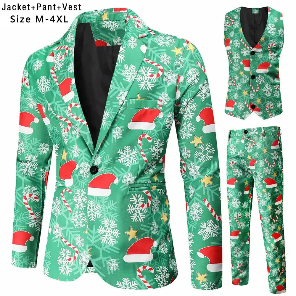 New Mens Christmas Suits Three-Piece Cute Cartoon 3D Printed Casual Suit Jacket  Pants Vest 3Pcs Xmas Party Dress 12 Color