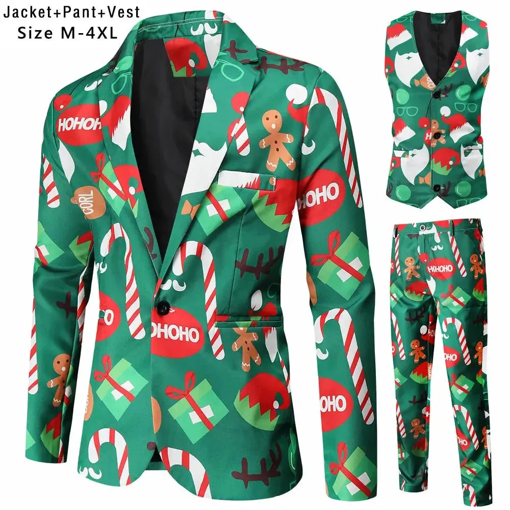 New Mens Christmas Suits Three-Piece Cute Cartoon 3D Printed Casual Suit Jacket  Pants Vest 3Pcs Xmas Party Dress 12 Color