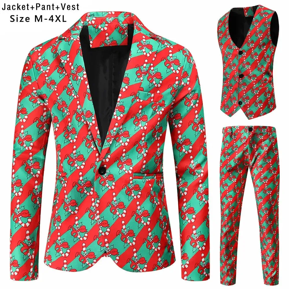 New Mens Christmas Suits Three-Piece Cute Cartoon 3D Printed Casual Suit Jacket  Pants Vest 3Pcs Xmas Party Dress 12 Color
