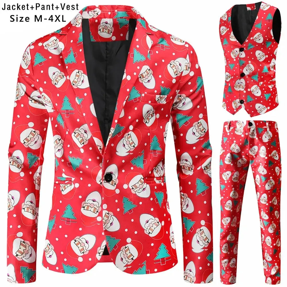New Mens Christmas Suits Three-Piece Cute Cartoon 3D Printed Casual Suit Jacket  Pants Vest 3Pcs Xmas Party Dress 12 Color