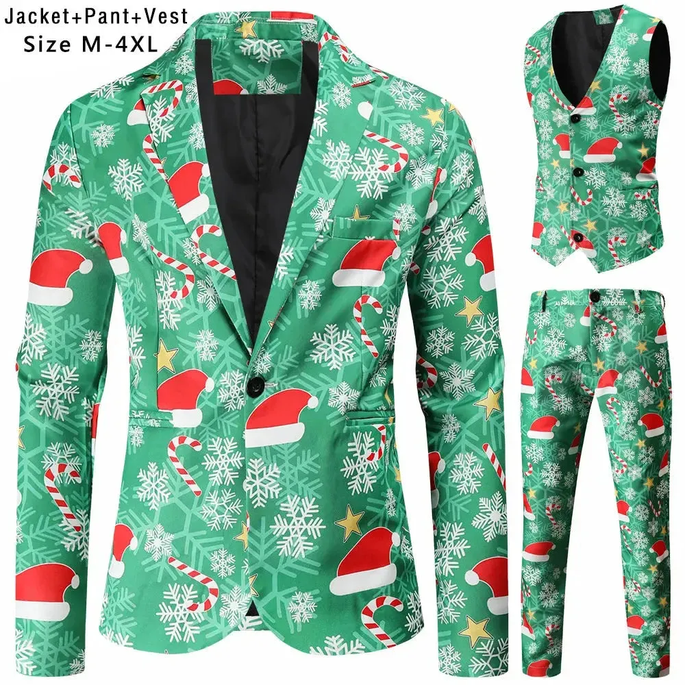 New Mens Christmas Suits Three-Piece Cute Cartoon 3D Printed Casual Suit Jacket  Pants Vest 3Pcs Xmas Party Dress 12 Color