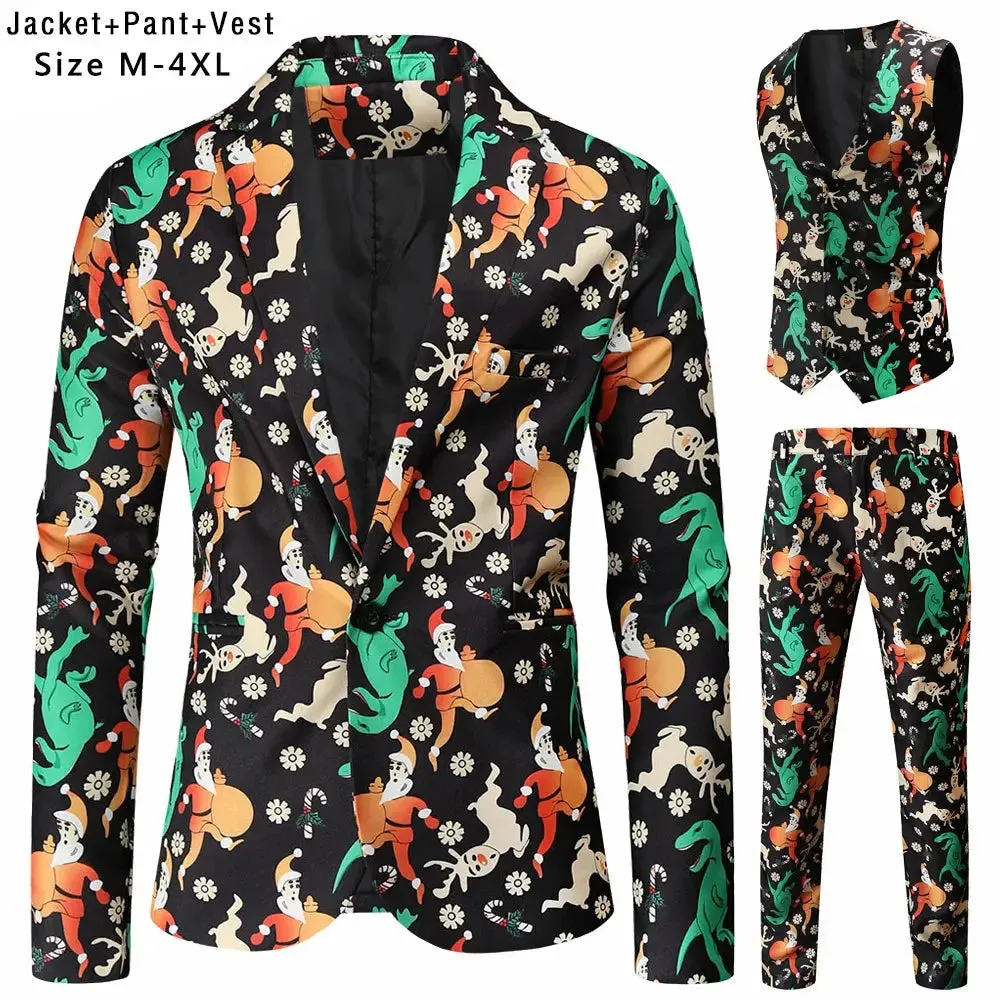 New Mens Christmas Suits Three-Piece Cute Cartoon 3D Printed Casual Suit Jacket  Pants Vest 3Pcs Xmas Party Dress 12 Color