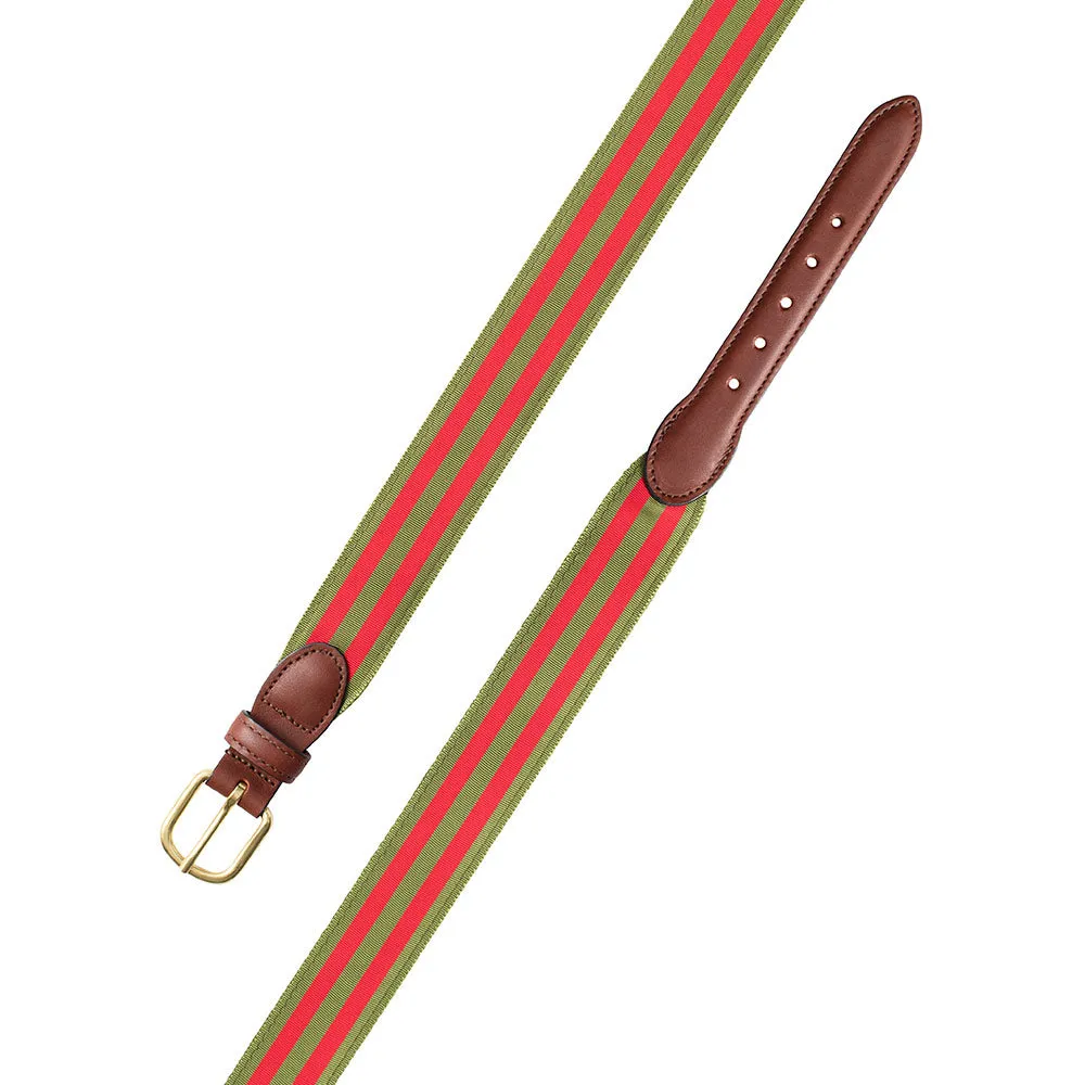 Olive & Red Grosgrain Ribbon Leather Tab Belt