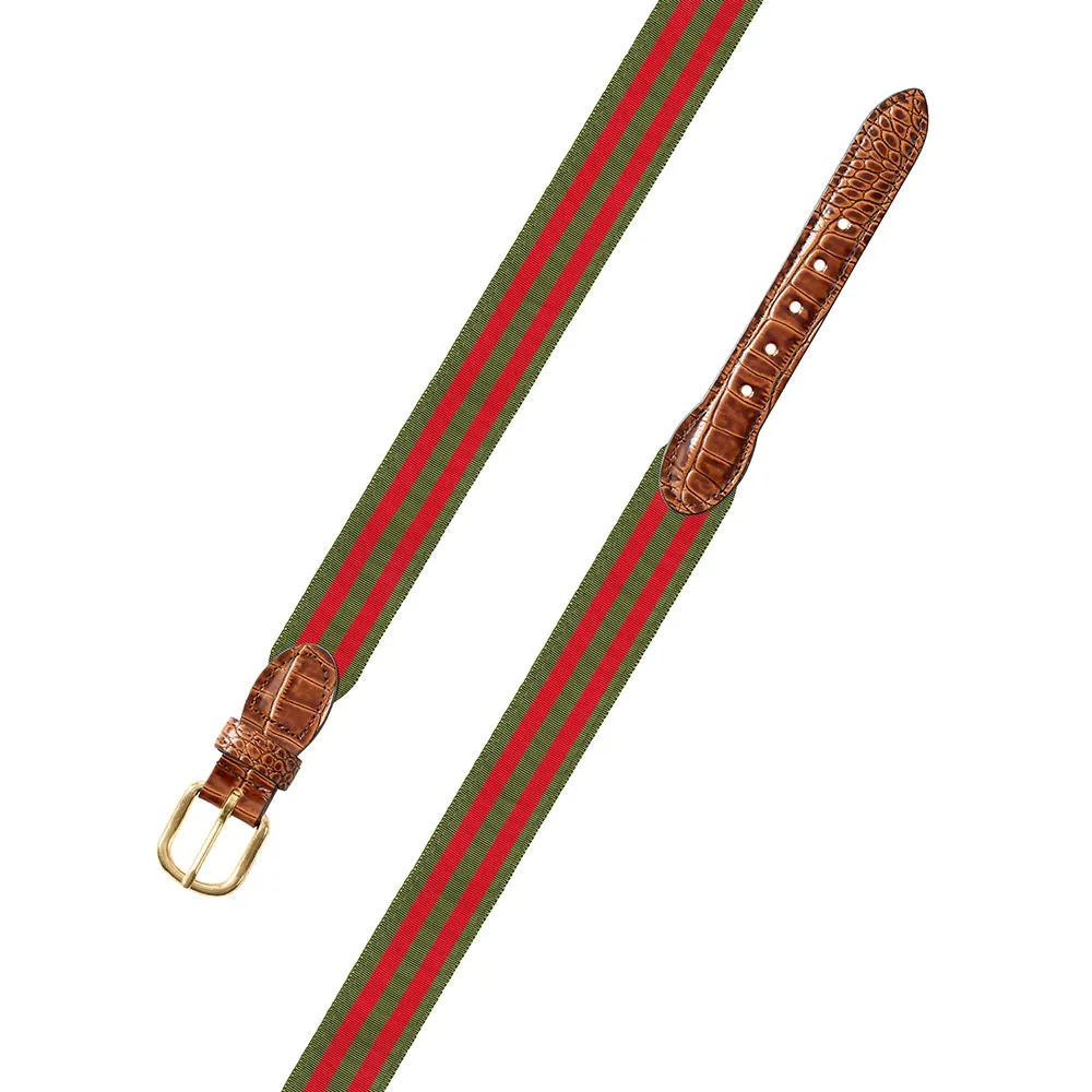 Olive & Red Grosgrain Ribbon Leather Tab Belt