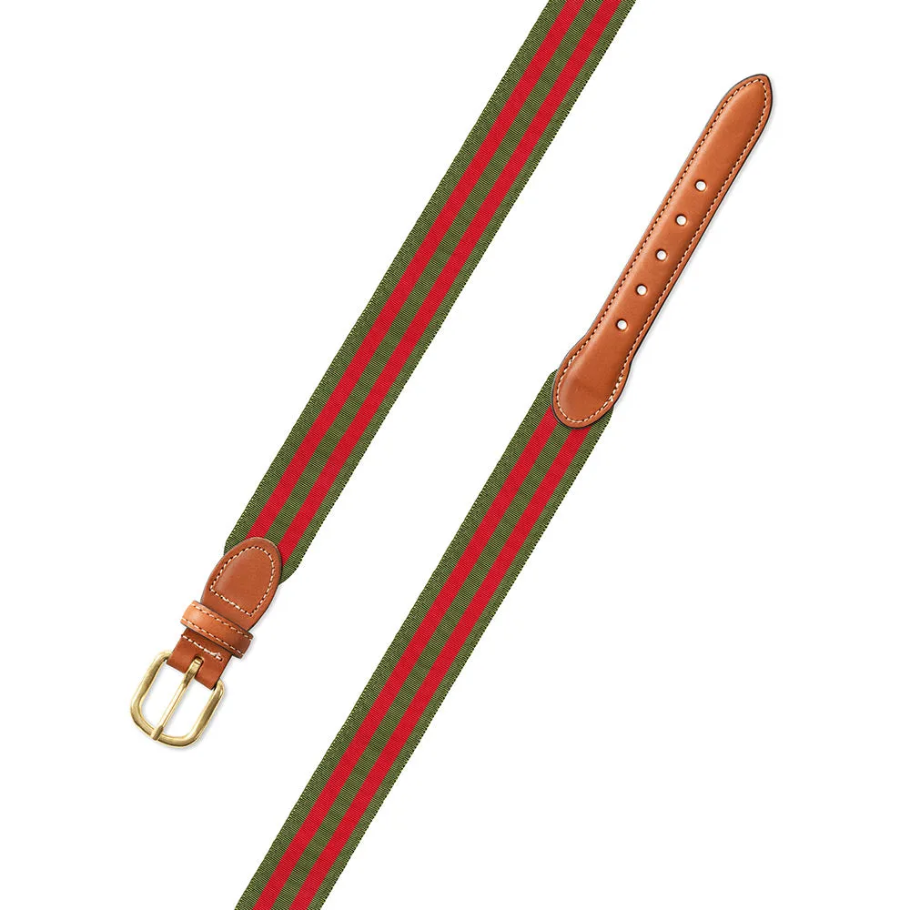 Olive & Red Grosgrain Ribbon Leather Tab Belt