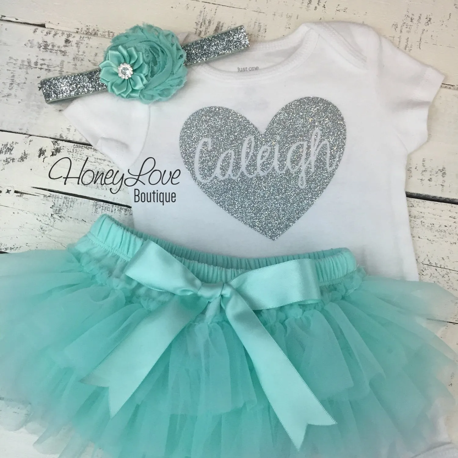 PERSONALIZED Name inside Heart - Silver Glitter and Mint/Aqua