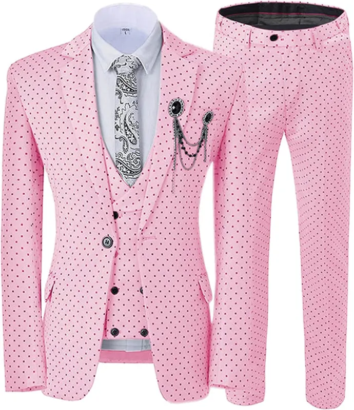Pink Notched Lapel Three Pieces Black Dot Slim Fit Prom Suits