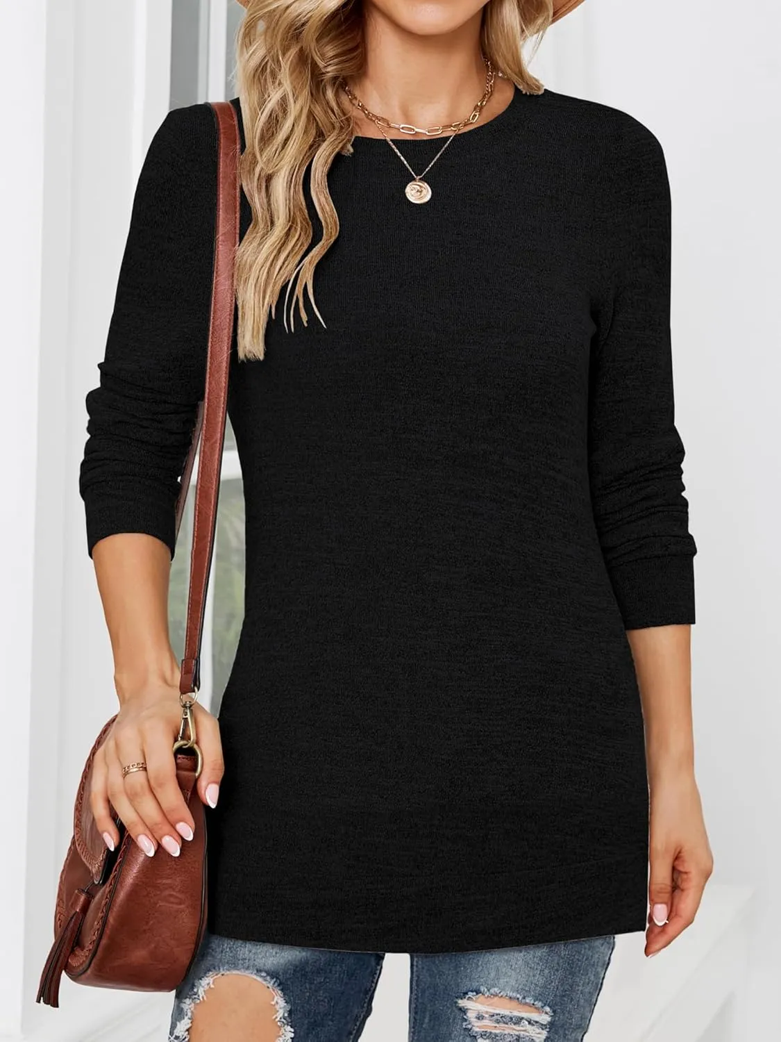 POGTMM Women Long Sleeve Tunic Tops to Wear with Leggings Casual Loose Fit Crew Neck T-Shirts Tops Blouse