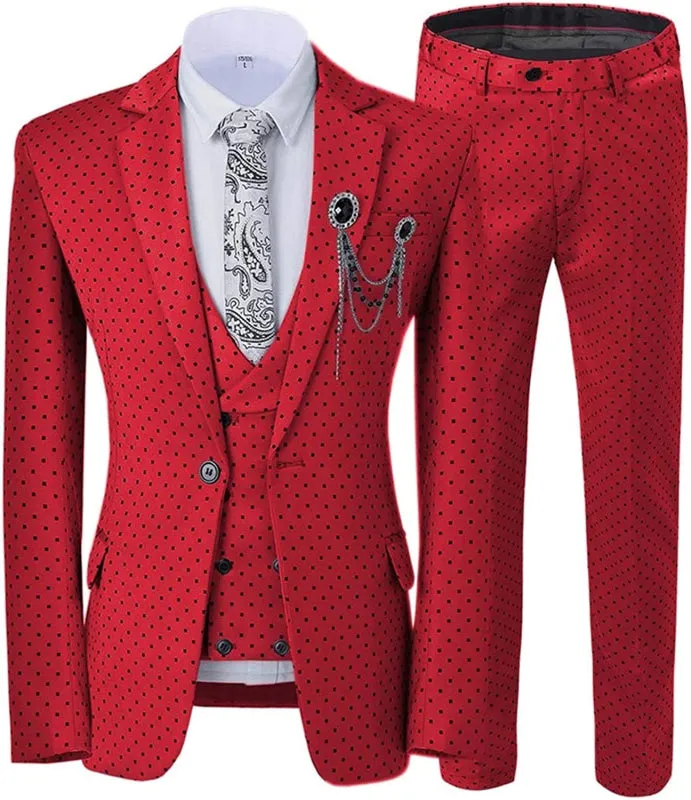Red Notched Lapel Black Dot Three Pieces Prom Suits Tuxedos