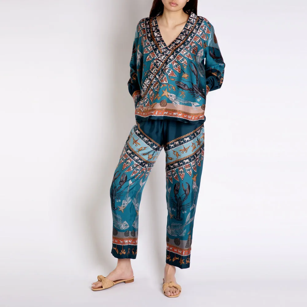 Sabina Savage "The Moon" Divination Celebration Silk Wrap Shirt Lagoon/Fawn