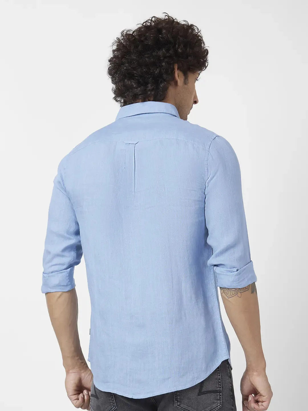 Spykar Men Powder Blue Linen Regular Slim Fit Full Sleeve Plain Shirt
