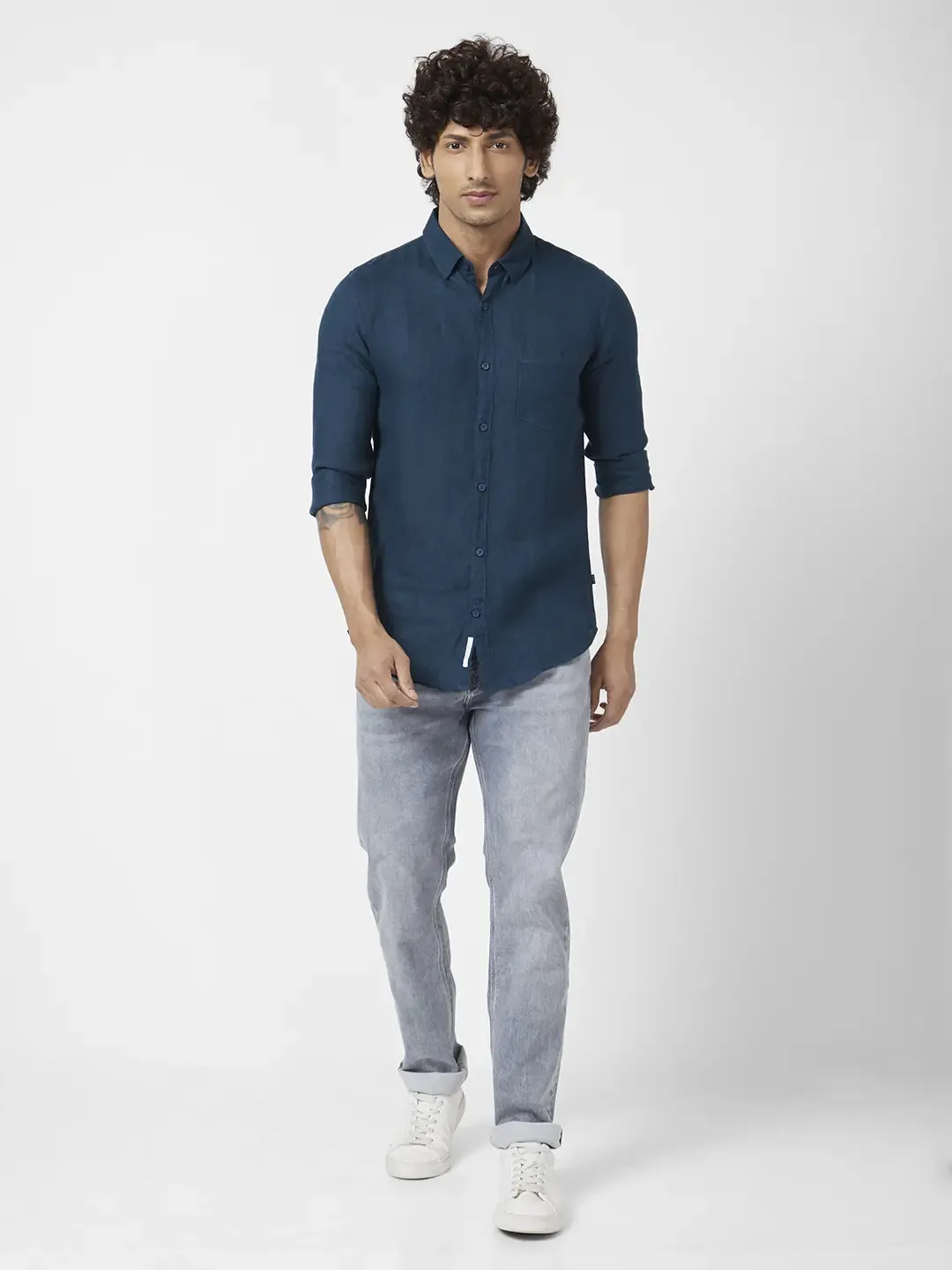 Spykar Men Teal Green Linen Regular Slim Fit Full Sleeve Plain Shirt