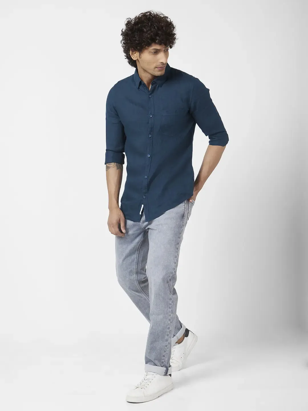 Spykar Men Teal Green Linen Regular Slim Fit Full Sleeve Plain Shirt