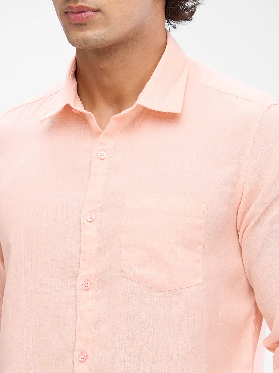 Spykar Rose Cloud Pink Linen Full Sleeve Raised Collar Shirt For Men