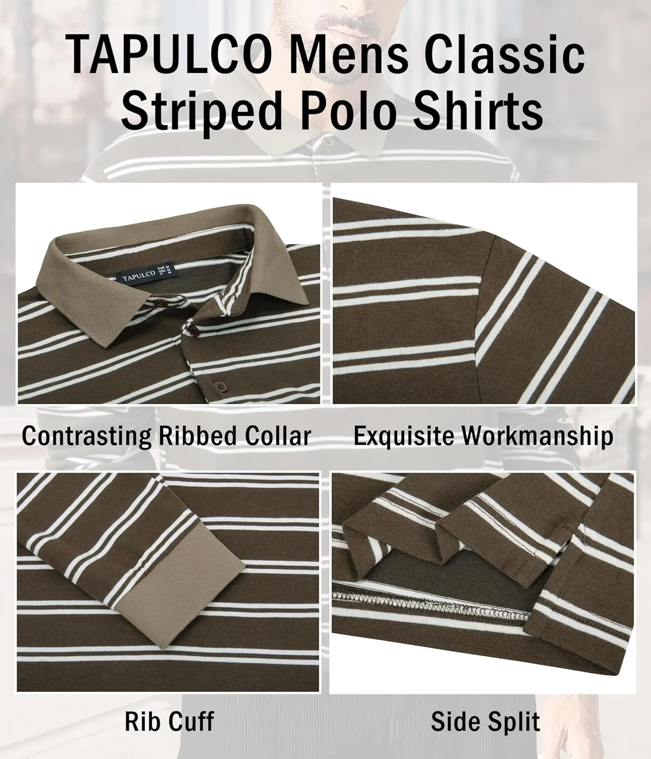 TAPULCO Mens Classic Fit Striped Polo Shirts Casual Collared Sports Golf Tennis Daily T-Shirts for Everyday Wear