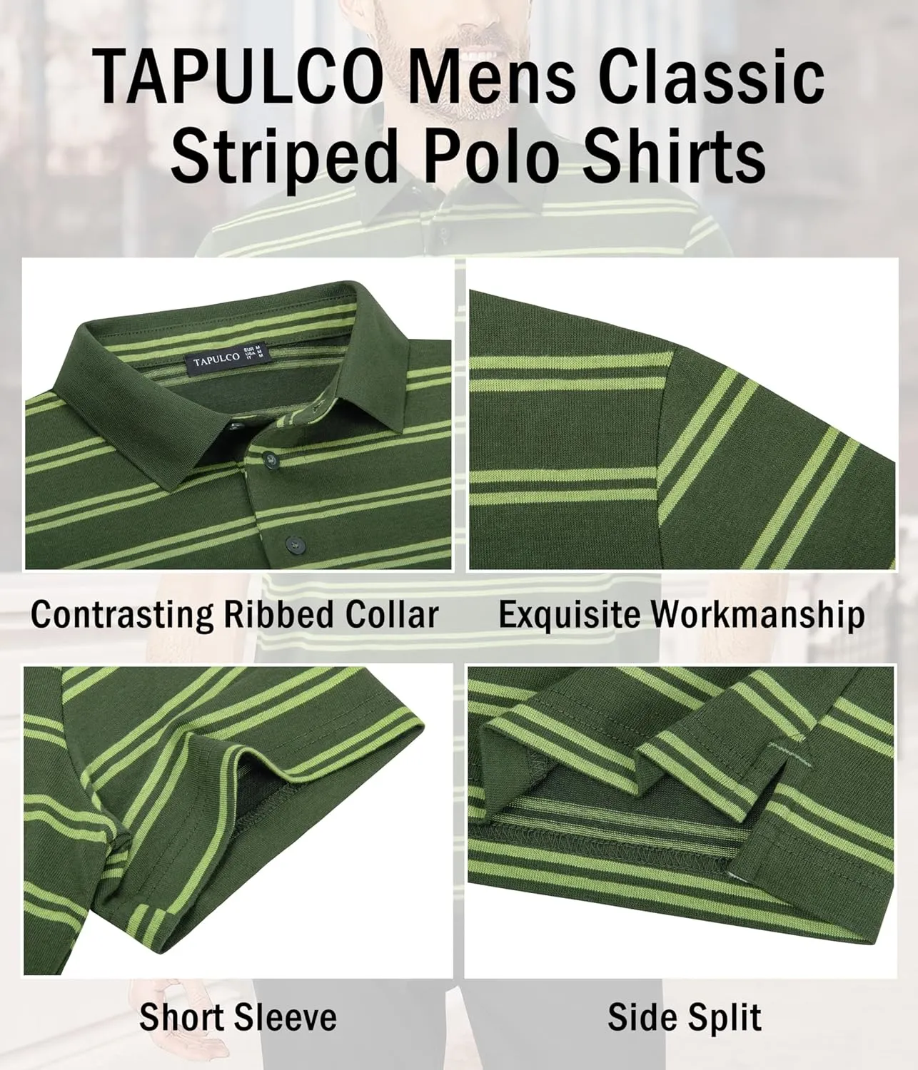 TAPULCO Mens Classic Fit Striped Polo Shirts Casual Collared Sports Golf Tennis Daily T-Shirts for Everyday Wear