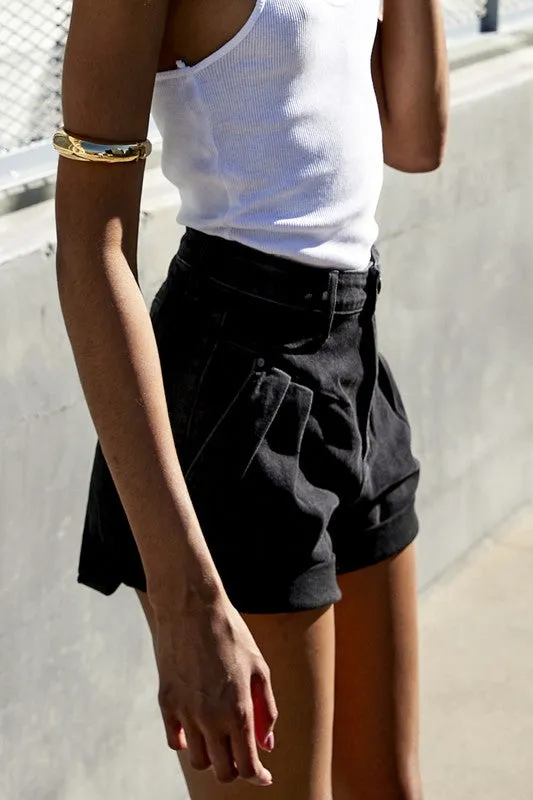 TEEK - Black High Rise Roll Up Denim Shorts
