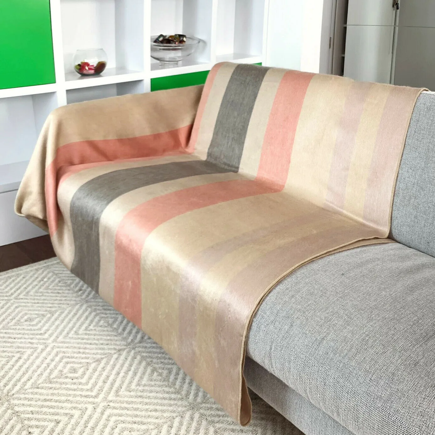 Tilivi - Baby Alpaca Wool Throw Blanket / Sofa Cover - Queen 100" x 67" - striped pattern ecru coral