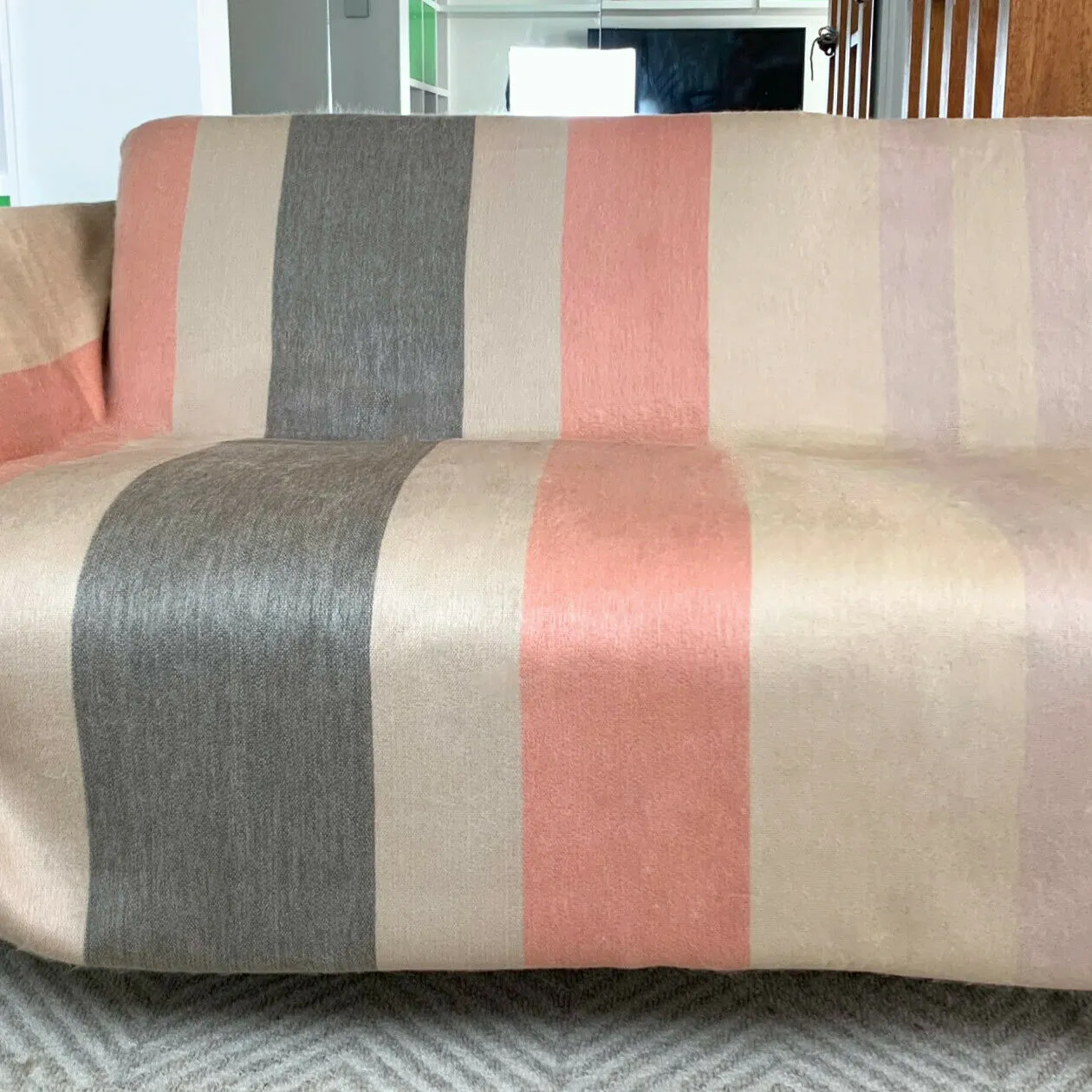 Tilivi - Baby Alpaca Wool Throw Blanket / Sofa Cover - Queen 100" x 67" - striped pattern ecru coral
